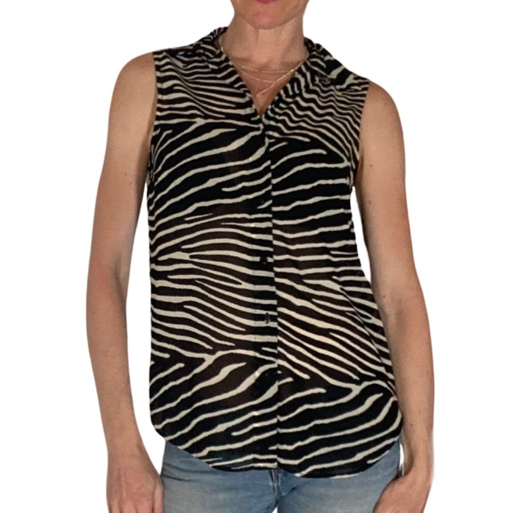 H&M zebra sleeveless sheer button up collar shirt